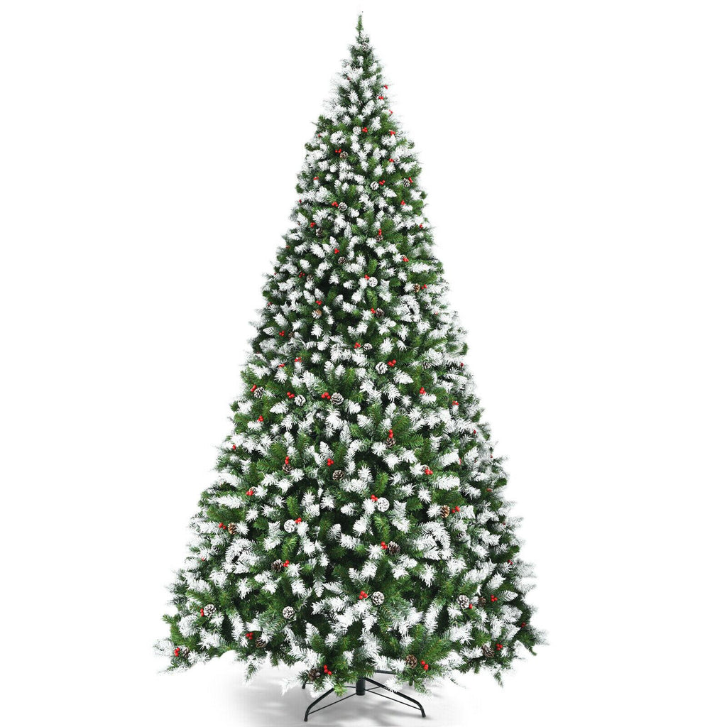 9ft Pre-lit Snowy Christmas Tree 2058 Tips w/ Pine Cones &amp; Red Berries