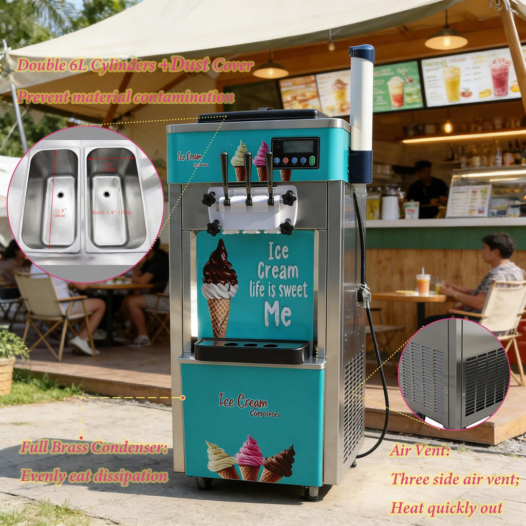 Commercial 3 Head Ice Cream Machine 20-30L/H Soft Serve Machine with Dual 6L Hoppers Automatic Cleaning Ice Cream Freezer for Shop Restaurant Cafe  Steel 1.8KW