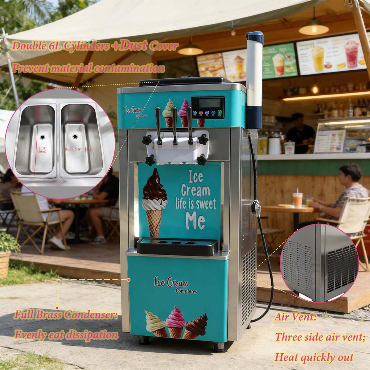 Commercial 3 Head Ice Cream Machine 20-30L/H Soft Serve Machine with Dual 6L Hoppers Automatic Cleaning Ice Cream Freezer for Shop Restaurant Cafe  Steel 1.8KW