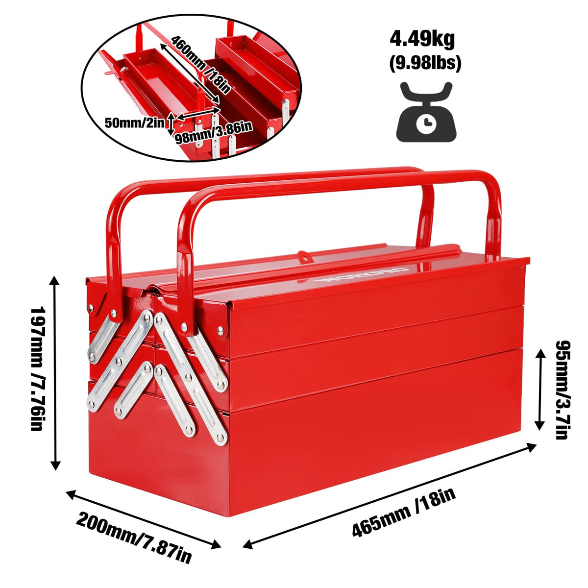Metal Tool Box, 18-inch Cantilever Folding Red StoraBox, 3-Layer 5-Tray Multi-Function Tool Organizer, Red