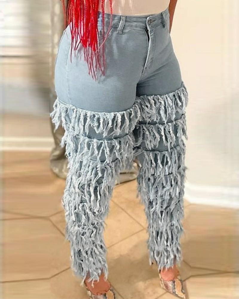 tassel detail washed zipper fly pocket skinny jeans