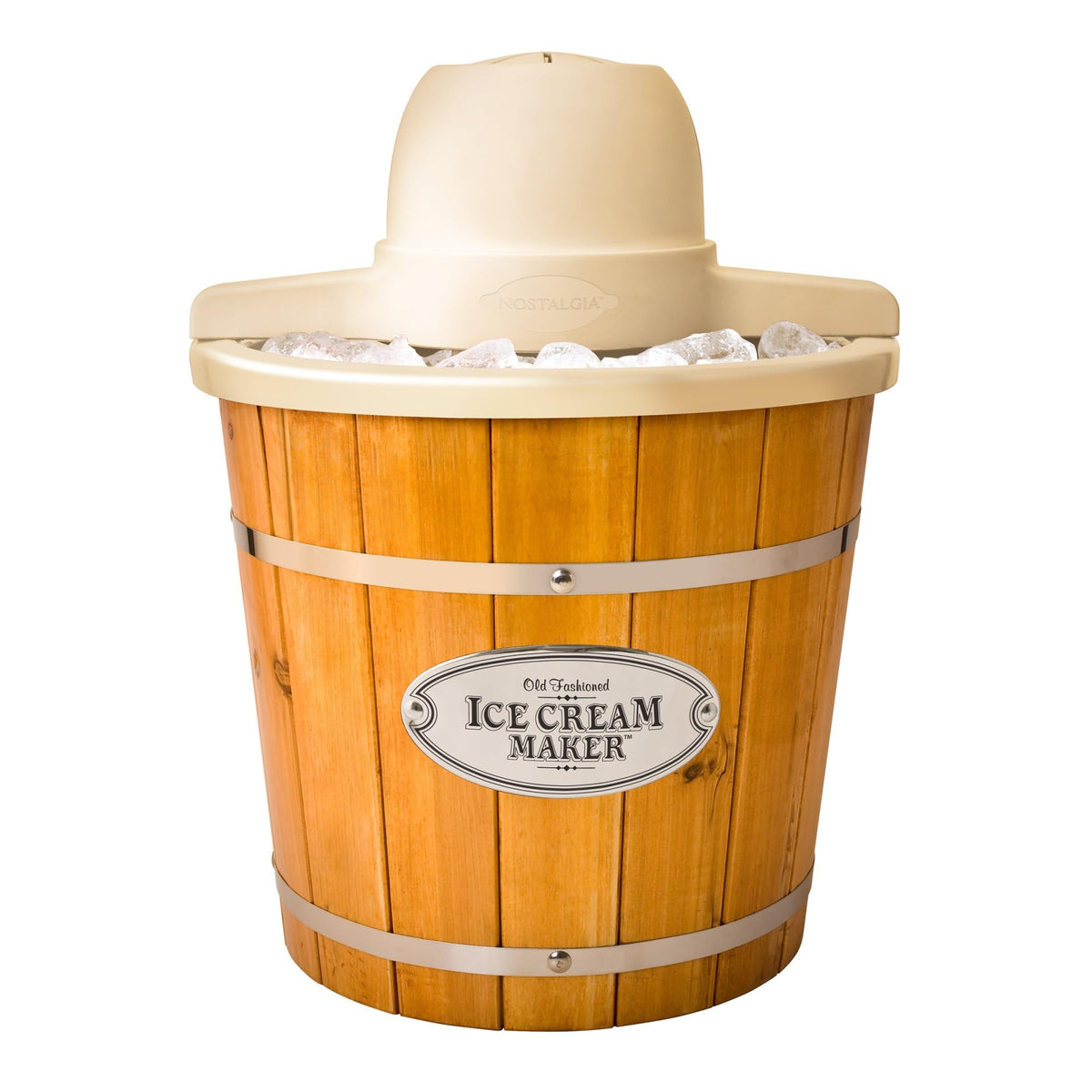 Electric Ice Cream Maker With 4 Qt Capacity- Old Fashioned Ice Cream Machine Makes Frozen Yogurt or Gelato in Minutes-  Wooden Style Ice Cream Maker with Aluminum Canister- Light Wood