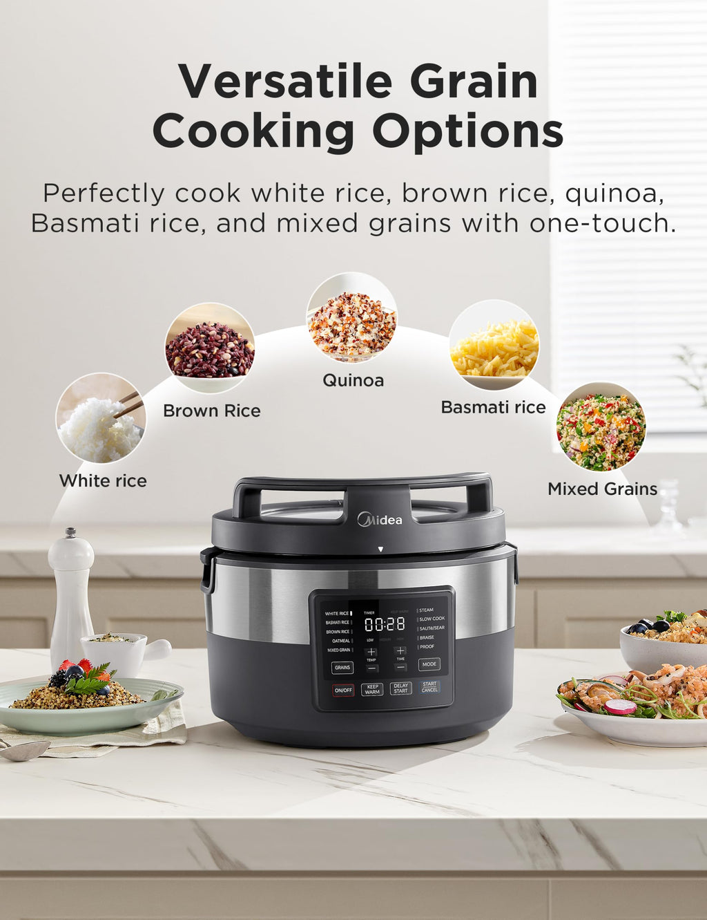 Rice Cooker for 8-Cups Uncooked Rice with 10 Multifunction CooPrograms Including Sauteing, Steaming, and Simmering, Features a Non-Stick Inner Pot with Handles and Glass Lid