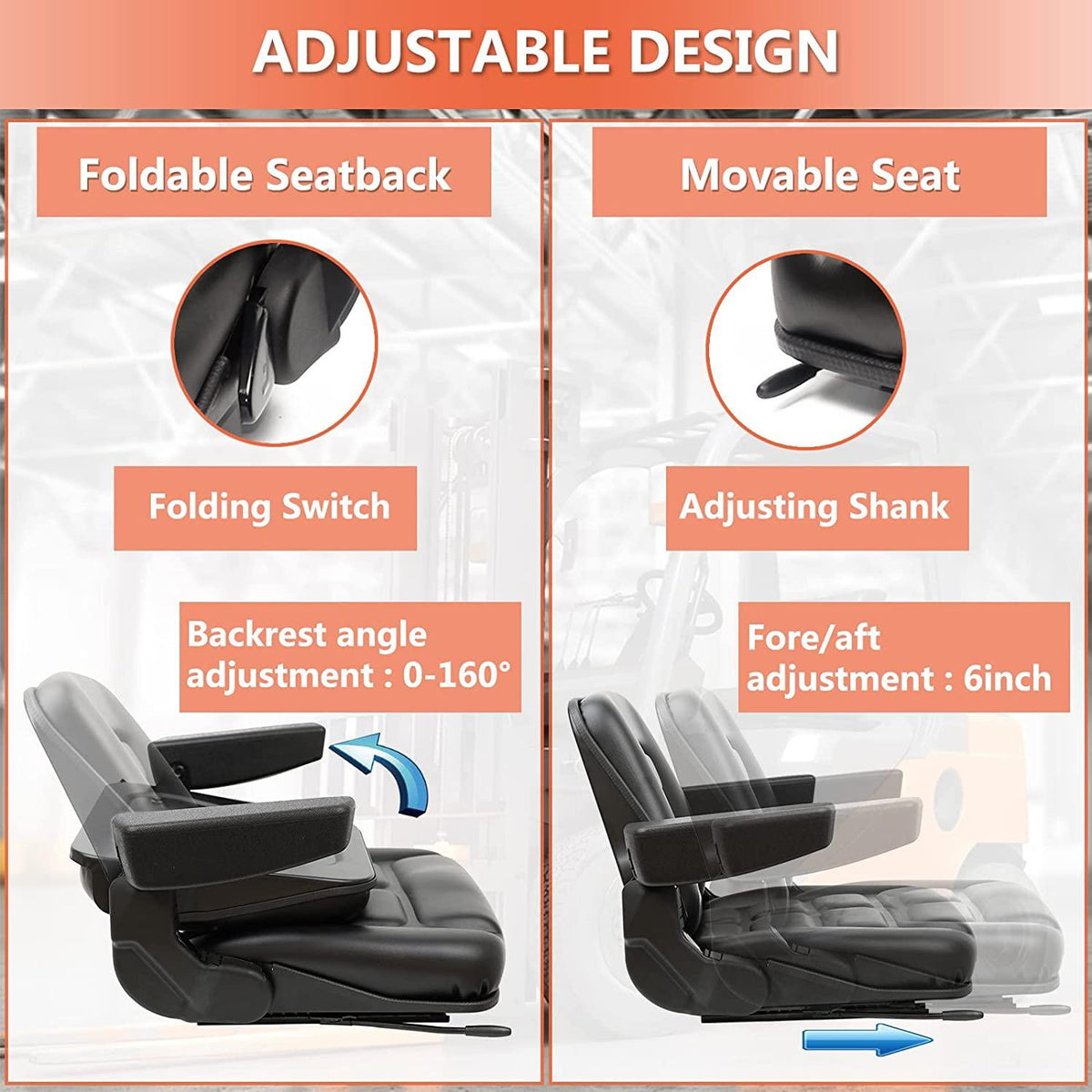 universal fold down forklift seat with adjustable angle back,armrest,micro switch and slide for tractor,excavator skid loader backhoe dozer telehandler ztr’s