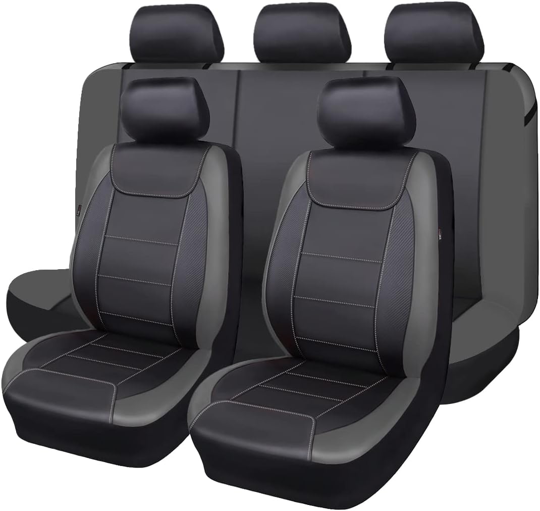Flying Banner car seat Covers Protects Water Proof Faux Leather Carbon Fiber Front and Rear Bench (Black Gray, Full Set - 8PCS)