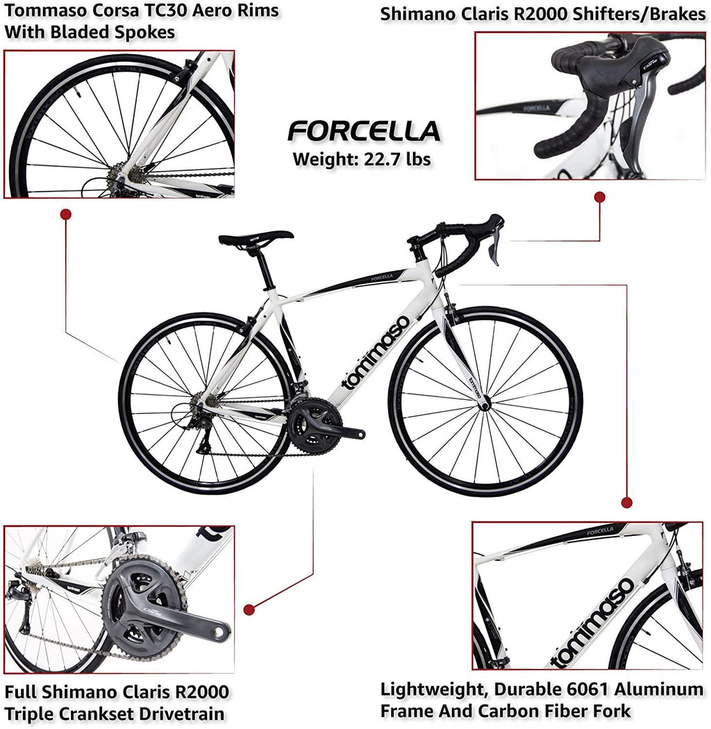 Tommaso Forcella Endurance Aluminum Road Bike, Carbon Fork,  Claris R2000, 24 Speeds, Aero Wheels, Matte Black, Matte White