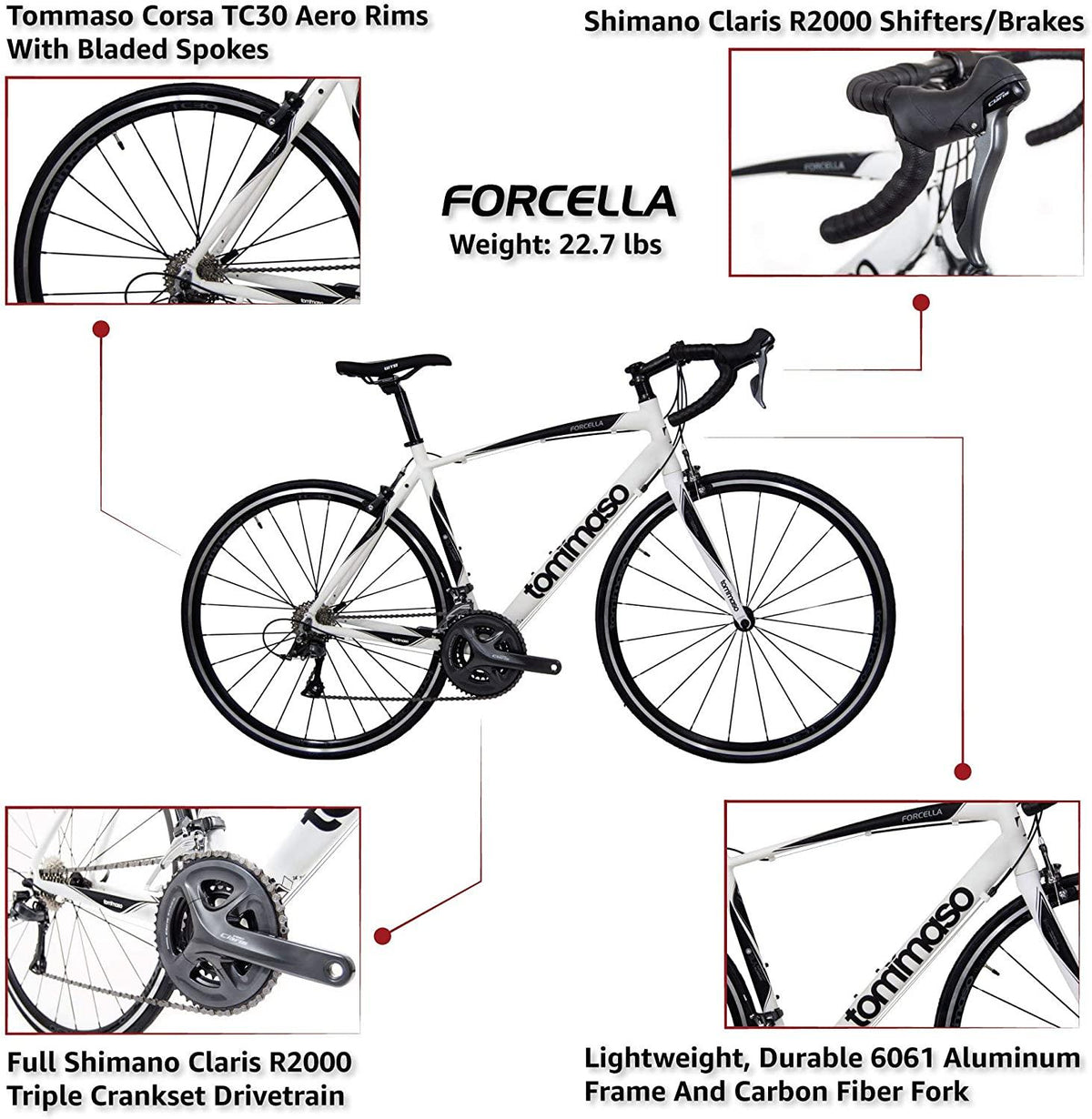 Tommaso Forcella Endurance Aluminum Road Bike, Carbon Fork,  Claris R2000, 24 Speeds, Aero Wheels, Matte Black, Matte White