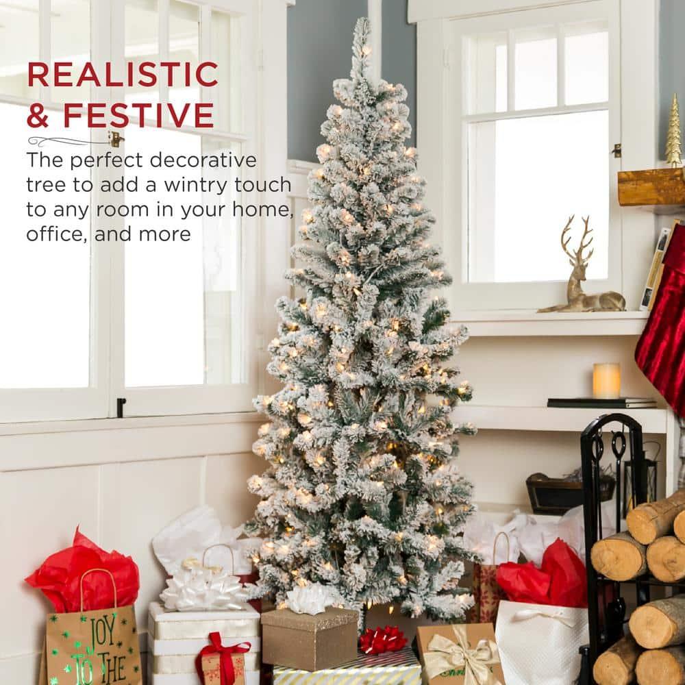12 ft. Pre-Lit Incandescent Snow Flocked Pencil Artificial Christmas Tree with 950 Clear Lights