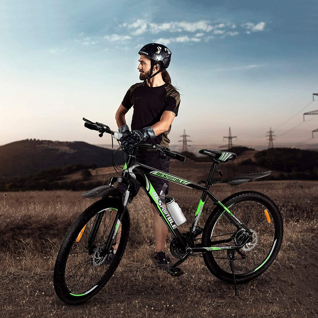 Mountain Bike, 21 Speeds Mountain Bicycle with Aluminum Frame Suspension Fork, 27.5 Inch Wheels Anti- Slip Bicycle, Derailleur System Mechanical Disc Brakes, Black Green