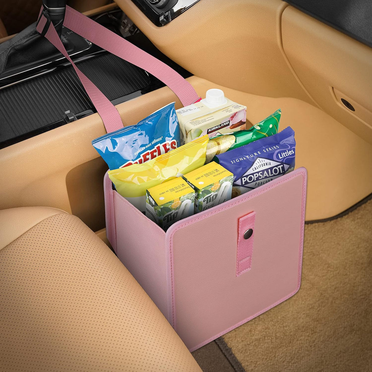 KMMOTORS Foldable Hanging Car Trash Can Pink, Car Trash Bag, Car Trash bin, Vegan Leather and Oxford Clothes Car Organizer, Cute car Gadgets (Medium, Pink)