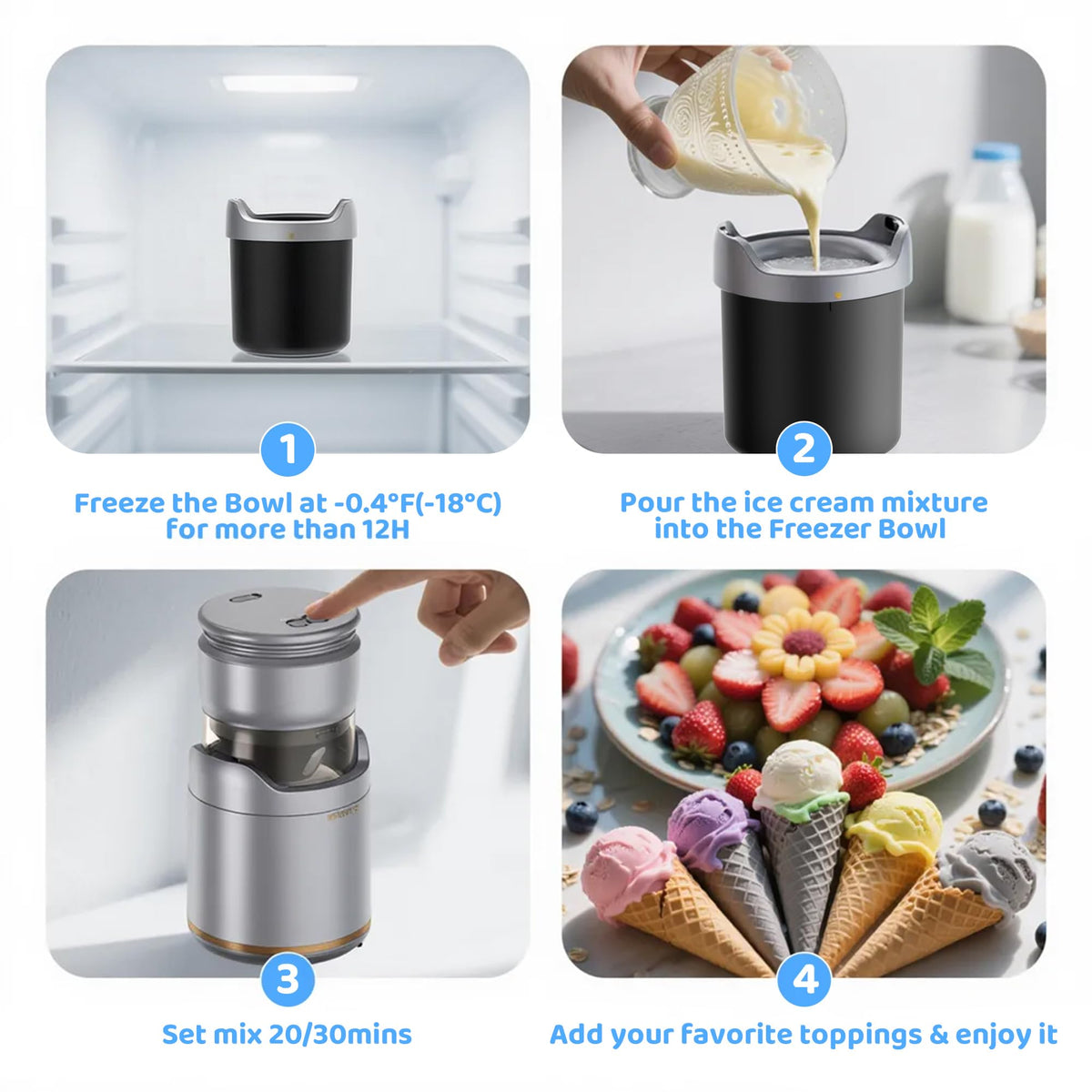 Ice Cream Maker,Rechargeable Soft Ice Cream Machine with Low Noise,Compact for 1-2 Servings,Perfect for Sorbet,Gelato,Frozen Yogurt,Silver