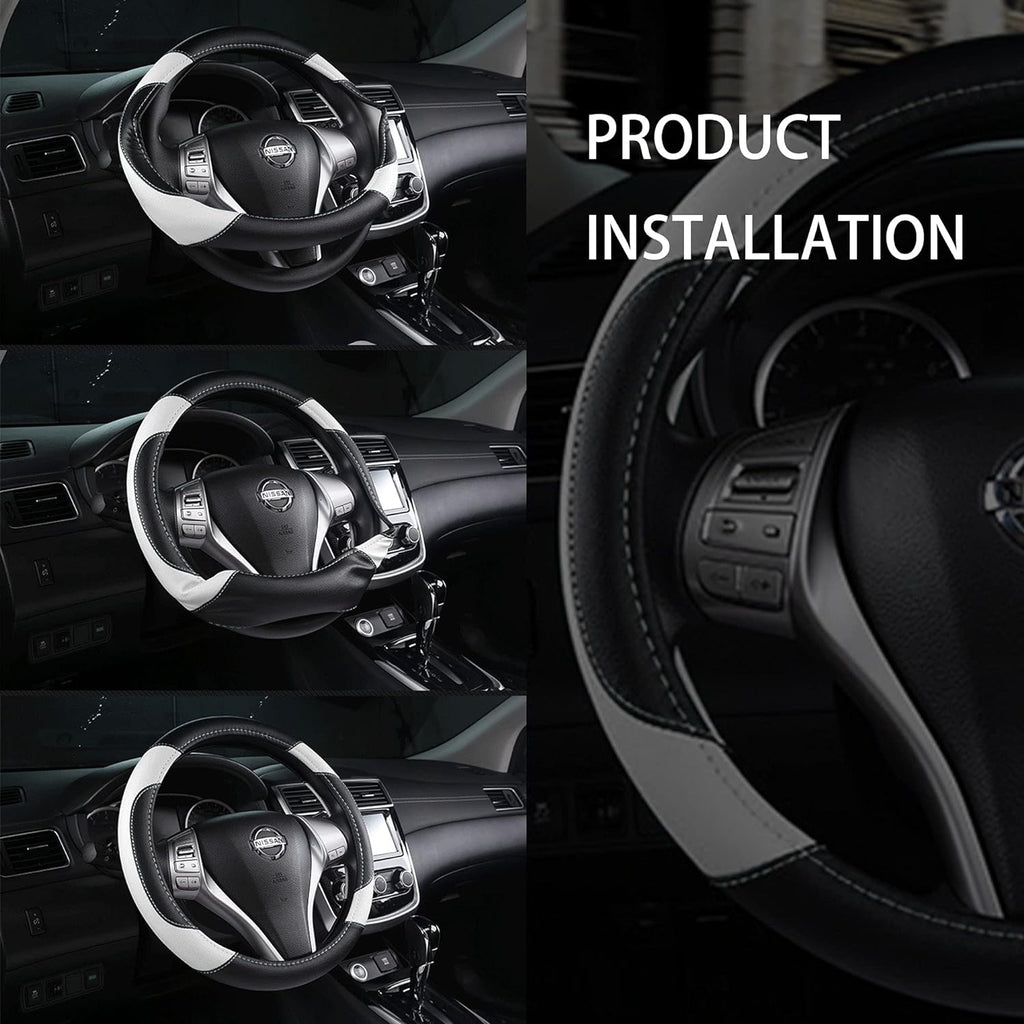 Leather Car Steering Wheel Cover, Non-Slip Car Wheel Cover Protector Breathable Microfiber Leather Universal Fit for Most Cars(White)