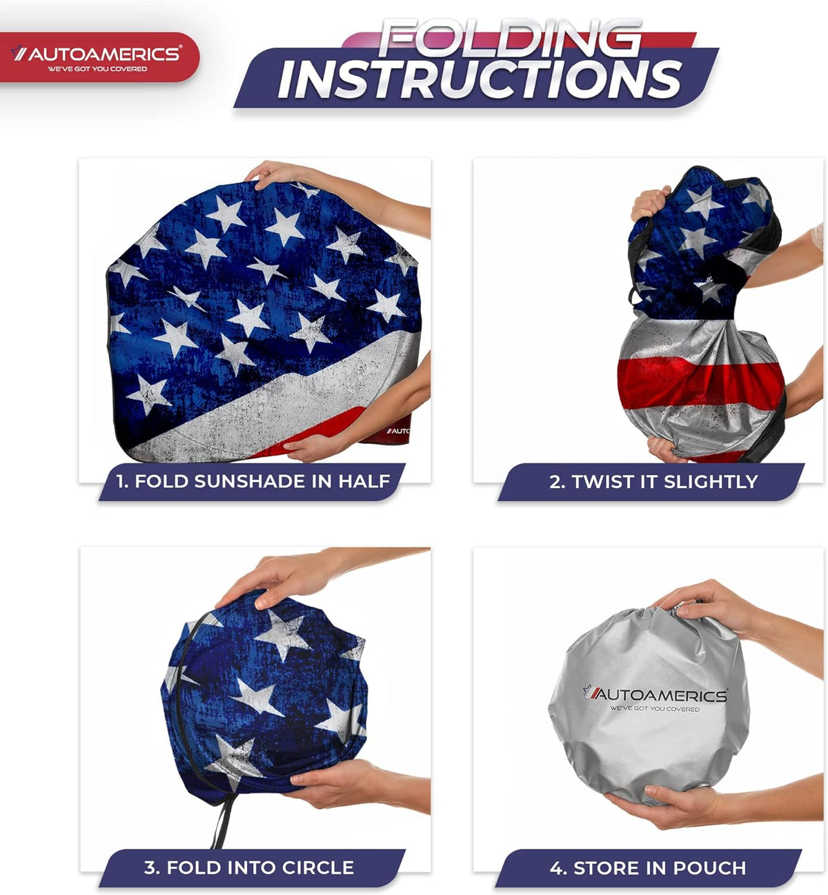 Autoamerics 1-Piece Windshield Sun Shade Grunge American Flag - 4 USA  - Foldable Car Front Window Sunshade for Most Sedans SUV Truck - Blocks Max UV Rays and Keeps Your Vehicle Cool - Large