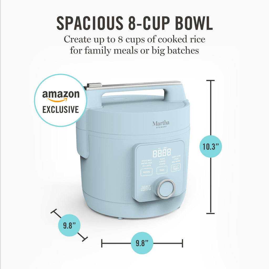 Rice Cooker, 4 Cup (Uncooked) / 8 Cup (Cooked), Ceramic Non-Stick Removable Pot, Keep Warm, Measure Markings, Steam Basket, Brown & Sushi Rice,  Cook, Quinoa, Grains, Oats, Sky Blue