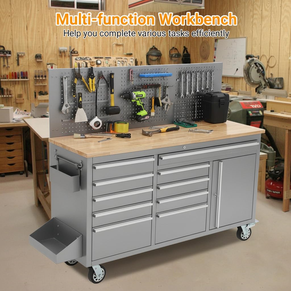 61-inch Rolling Tool Chest, 10 Drawers GaraWorkbench StoraTool Cabinet with Power Strip, Solid Rubber Top, 1675 LBS Load Mobile Workstation, Heavy Duty Rolling Cabinet, Silver