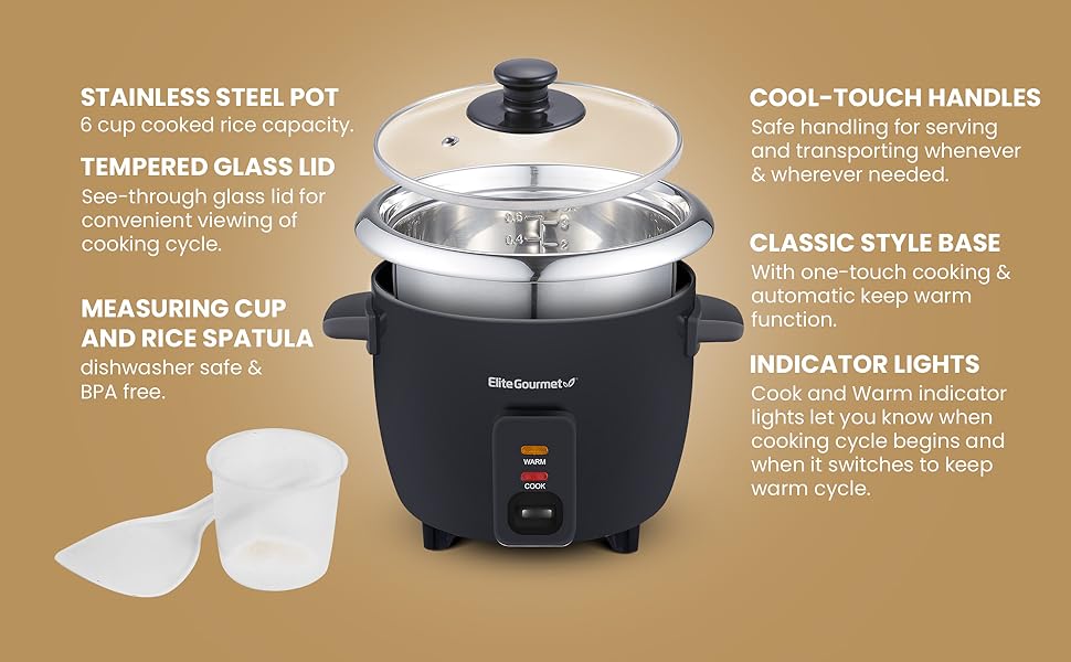 ERC006SS 6-Cup Electric Rice Cooker with  Steel Inner Pot, Makes Soups, Stews, Porridges, Grains and Cereals, 6 cup (3 cups uncooked), Black