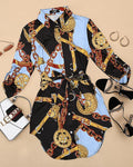 chains print belted casual shirt dress