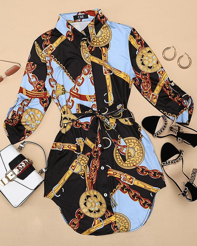 chains print belted casual shirt dress