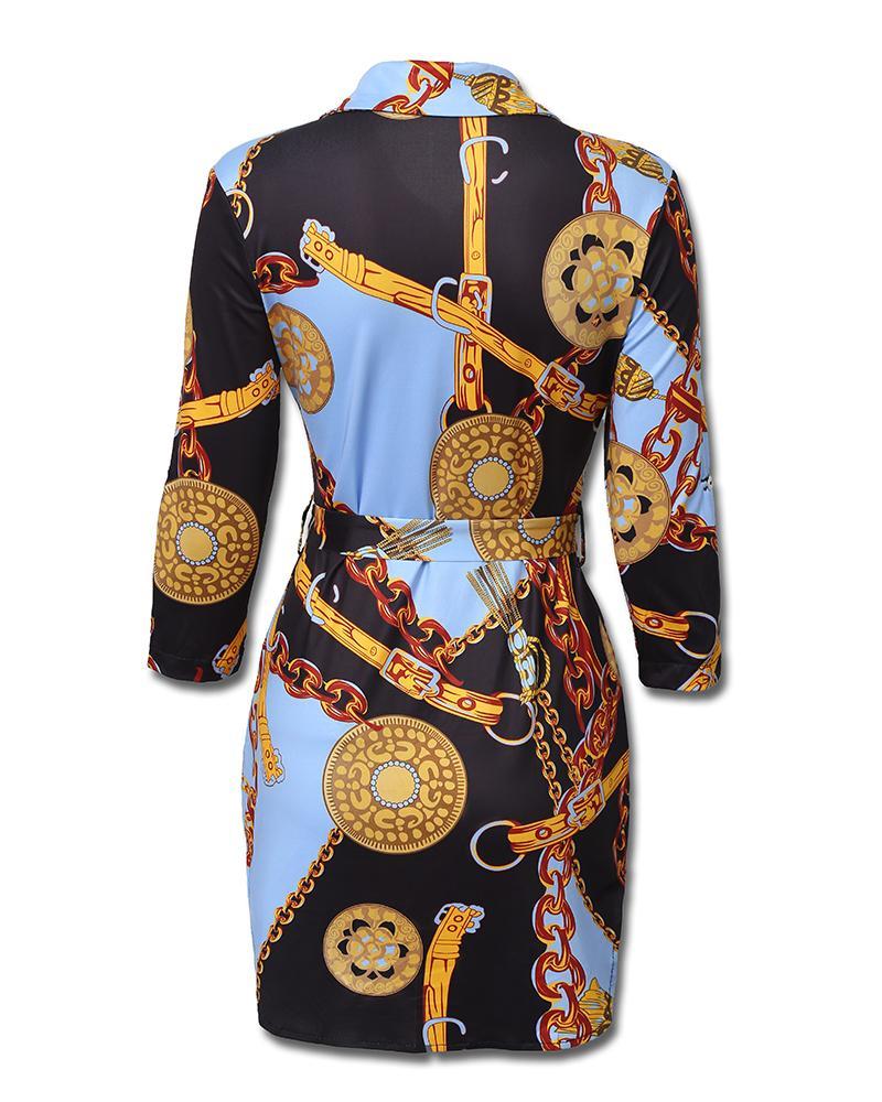 chains print belted casual shirt dress