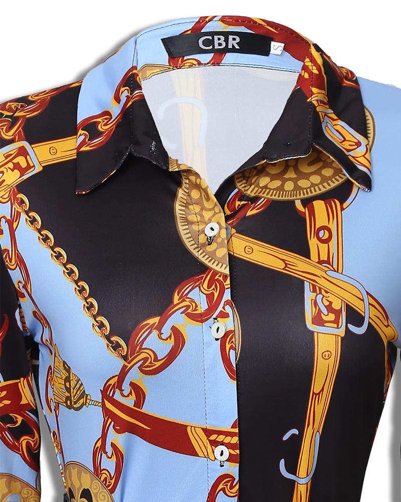 chains print belted casual shirt dress