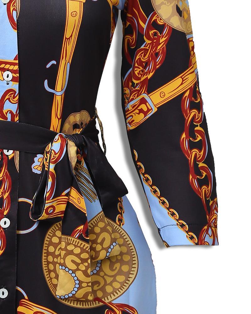 chains print belted casual shirt dress