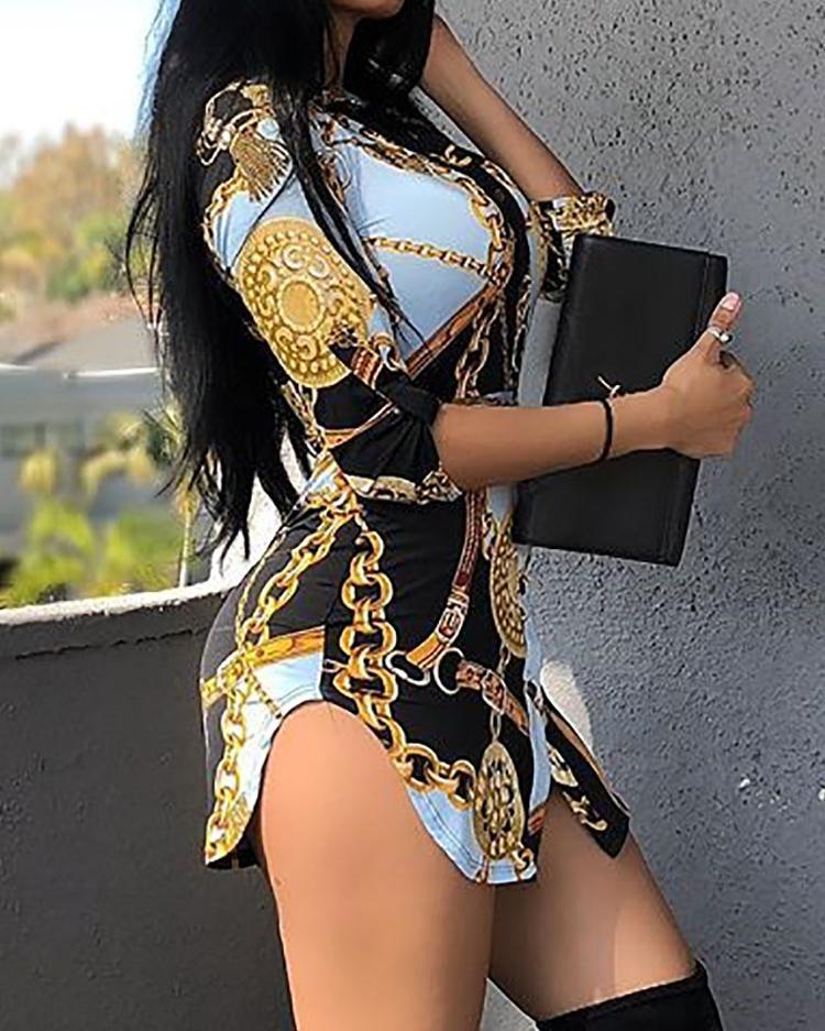 chains print belted casual shirt dress