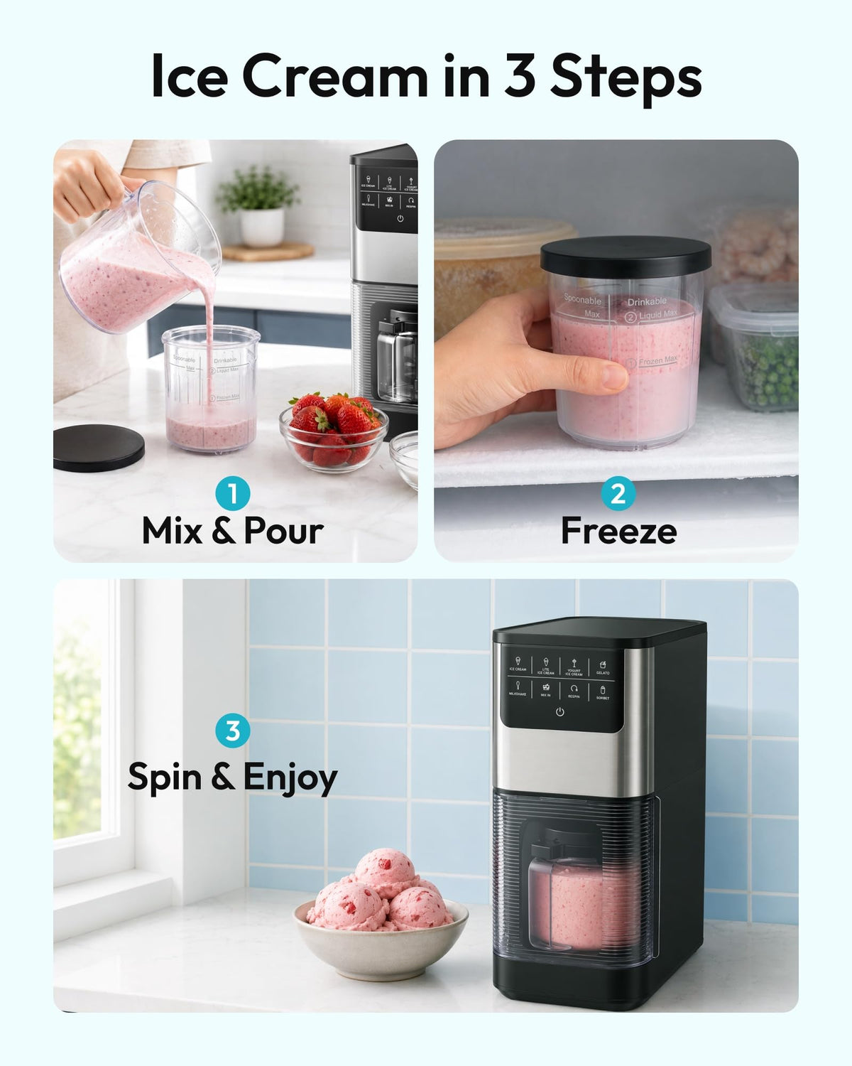 Ice Cream Maker, 7-in-1 Ice Cream Machine for Gelato, Sorbet & Milkshakes, 1 Pint Compact Homemade Dessert Maker with Re-Spin for Keto, Protein & Healthy Treats