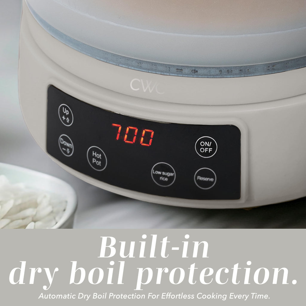 Glass Mini Low Carb Rice Cooker – Holds 2 Cups Raw/Makes 6 Cups Cooked with Auto Lift Filter Basket, Hotpot & Steamer for Rice, Grains, Digital Panel with Keep Warm, Cream