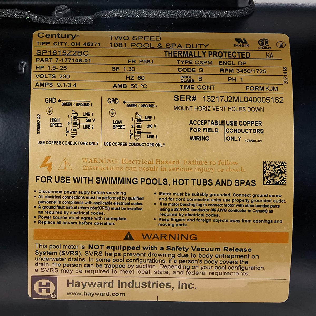 Hayward SPX1610Z2MNS 2 Speed Motor Replacement for Hayward Northstar Pumps, 1-1/2-HP