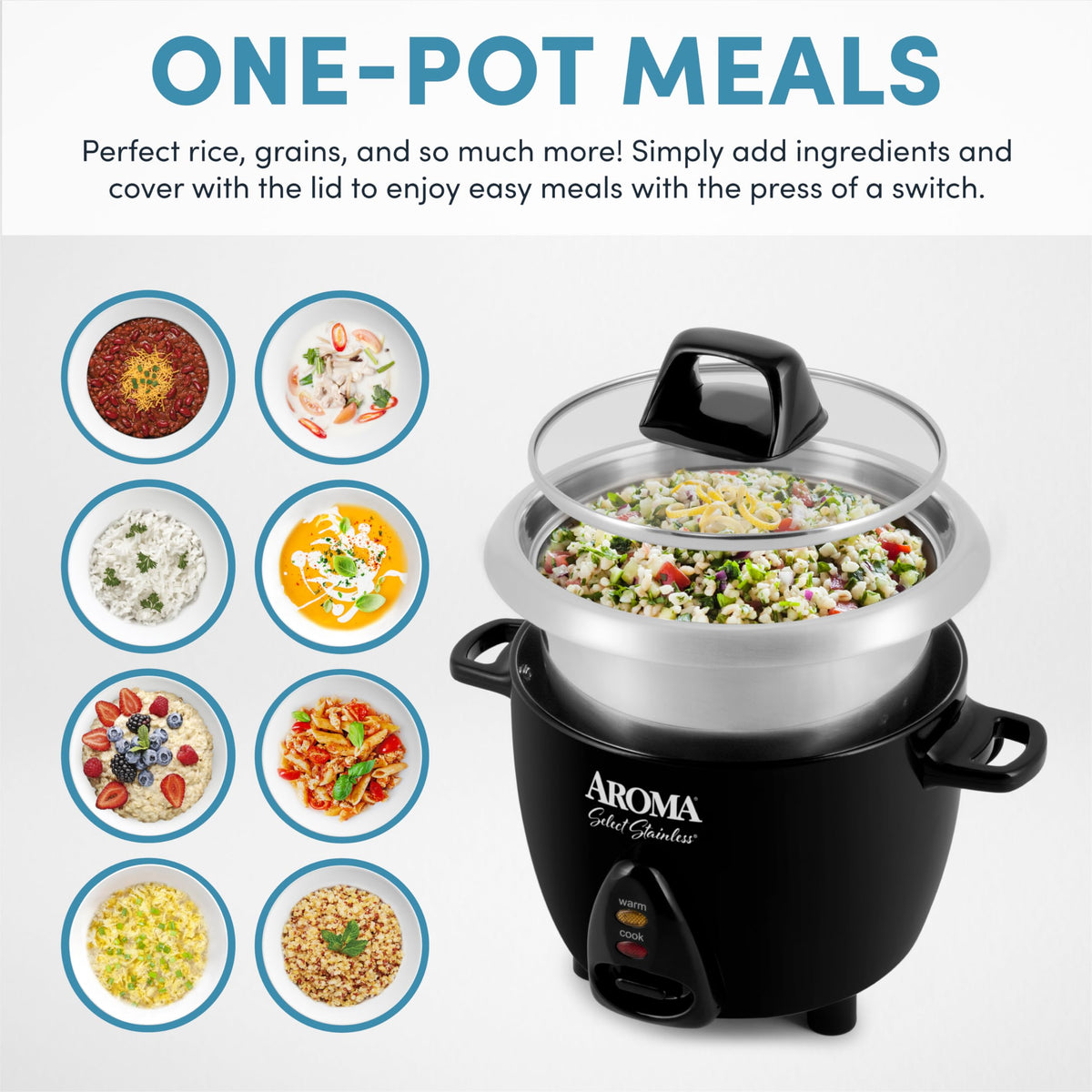 Housewares Select  Rice Cooker & Warmer with Uncoated Inner Pot, 3-Cup(uncooked)/6-Cup(cooked)/ 1.2Qt, ARC-753SGB, Black