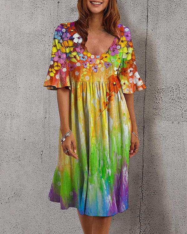 women holiday u neck colorful floral ruffle dress