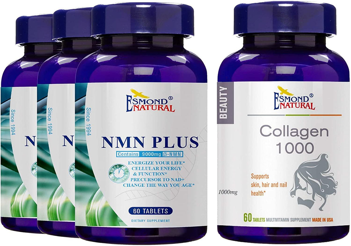 Esmond Natural: Anti-Aging Bundle (3 of NMN Plus & 1 of Collagen 1000), GMP, Natural Product Assn Certified, Made in USA