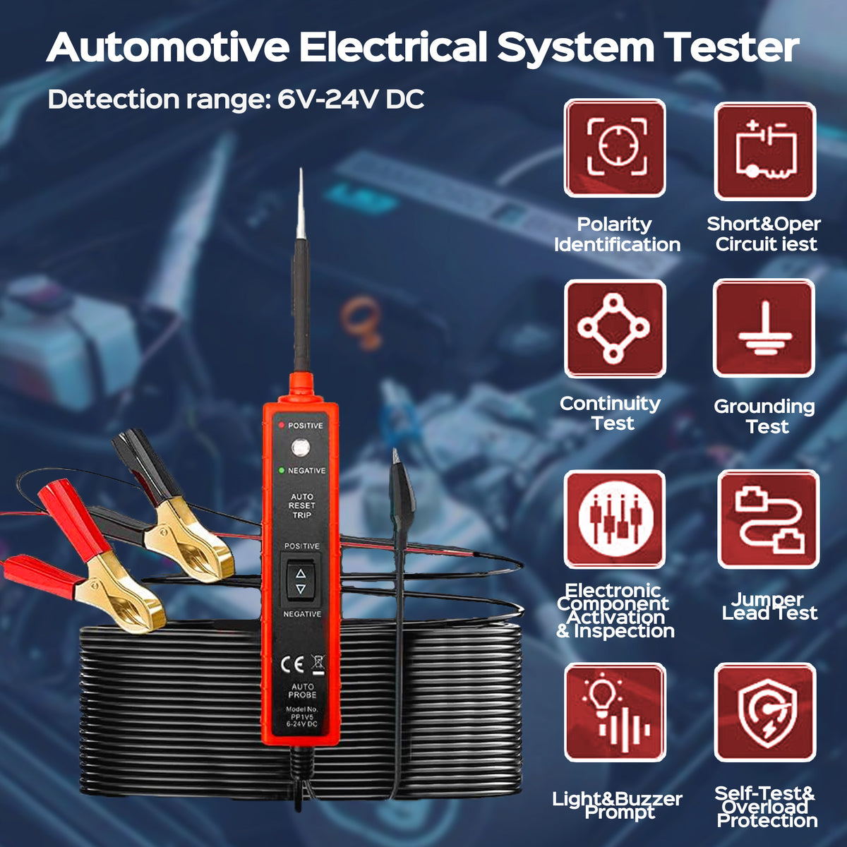 Power Circuit Probe Tester 6-24V DC Test Light Short Circuit Automotive Component Electrical Polarity Identify Continuity Tester , Overload Protection