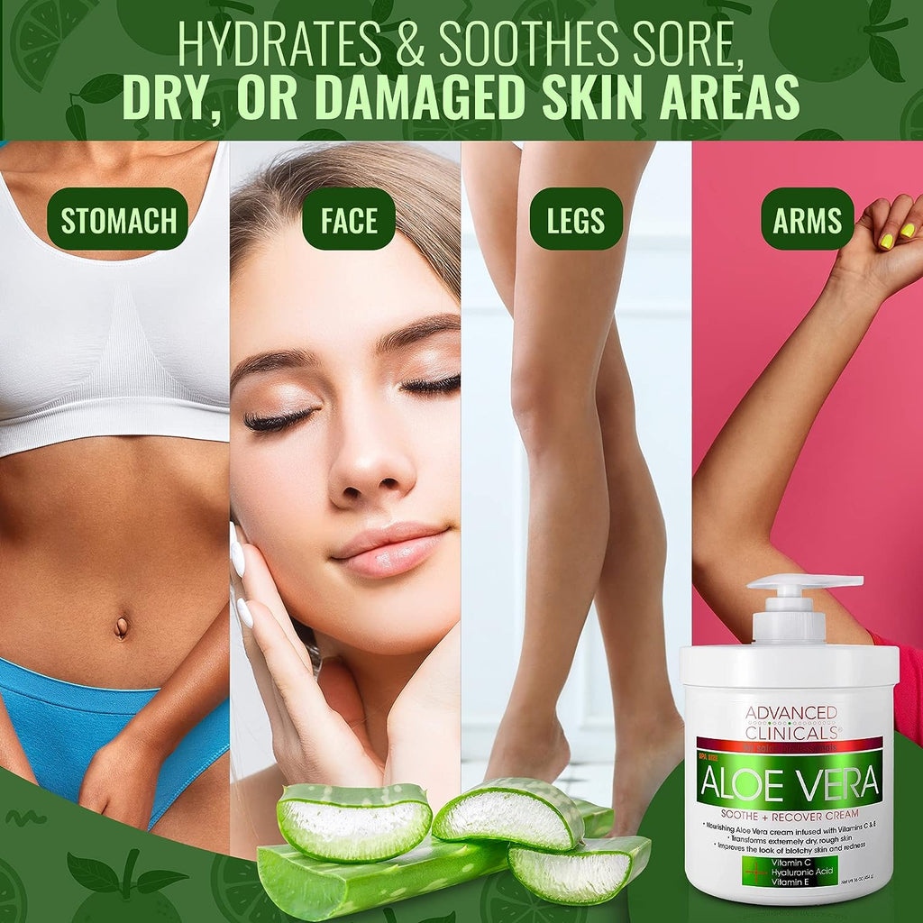 Advanced Clinicals Aloe Vera, Vitamin C &amp; Hyaluronic Acid Face &amp; Body Cream, Moisturizing Lotion for Dry &amp; Sun-Damaged Skin, 16 Oz