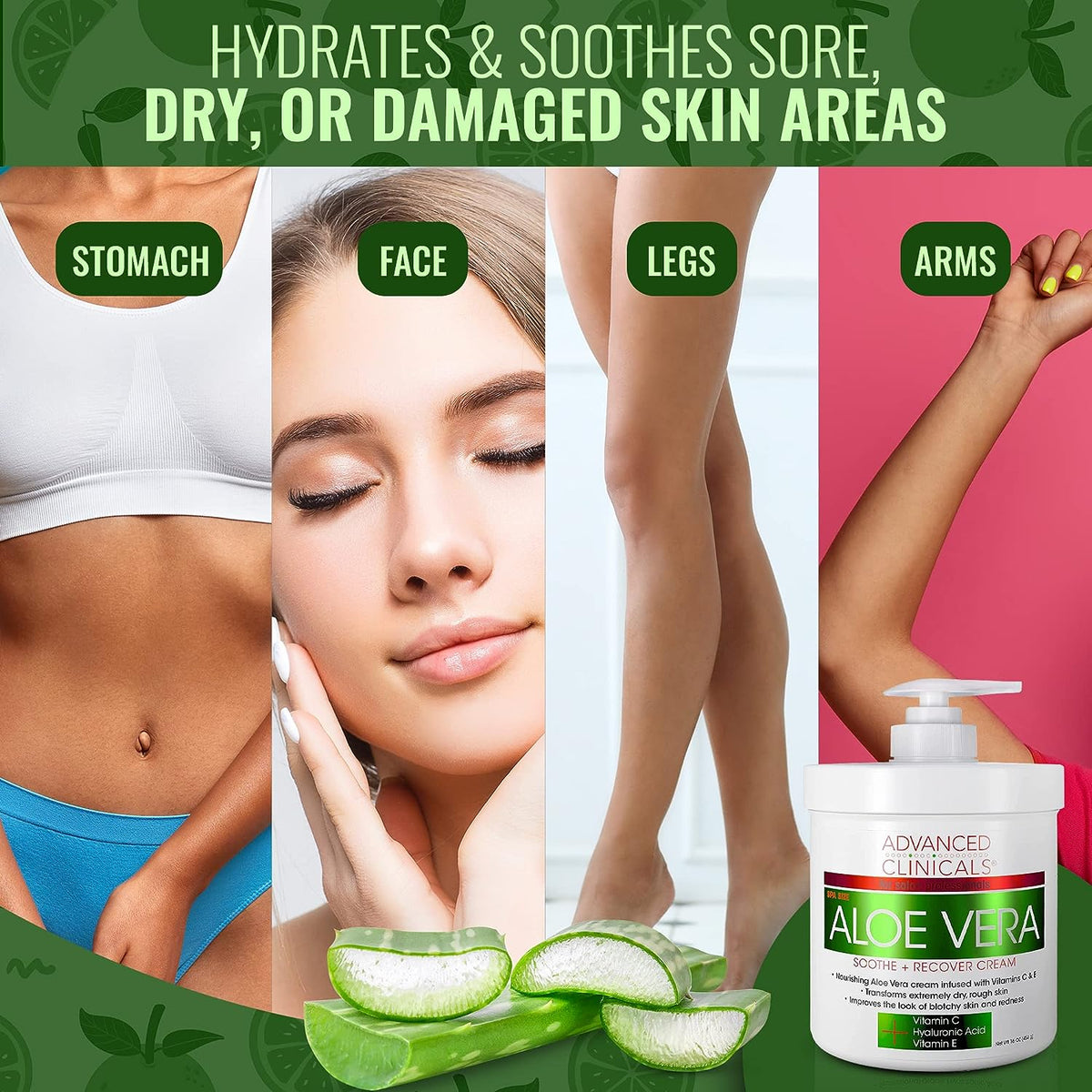 Advanced Clinicals Aloe Vera, Vitamin C &amp; Hyaluronic Acid Face &amp; Body Cream, Moisturizing Lotion for Dry &amp; Sun-Damaged Skin, 16 Oz