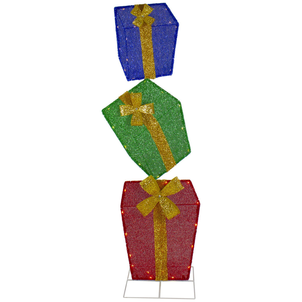 48" LED Lighted Tinsel Stacked Gift Boxes Outdoor Christmas Decoration