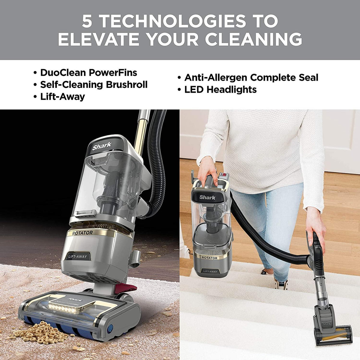 Shark Rotator Vaccum Upright Vacuum with Self-Cleaning Brushroll Powerful Pet Hair Pickup and HEPA Filter, Lift-Away w/Duo, Silver