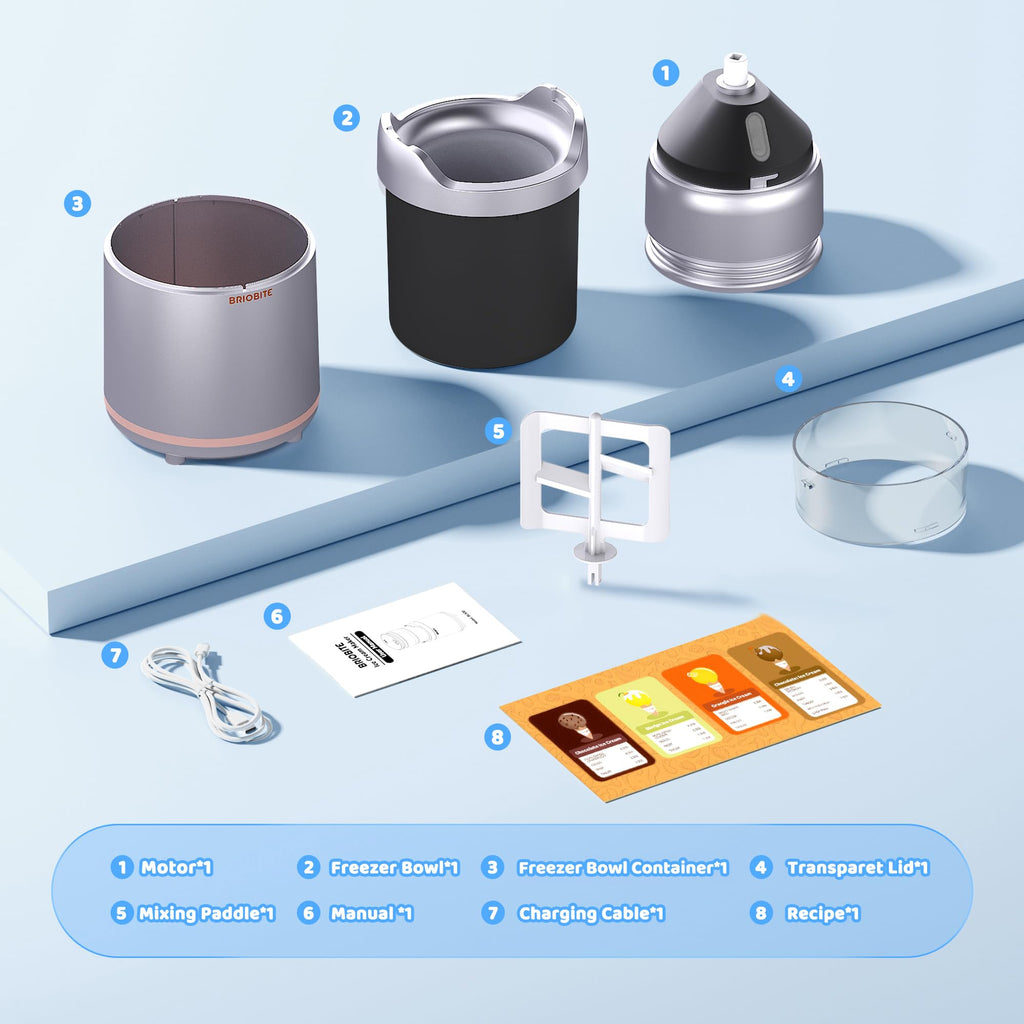 Ice Cream Maker,Rechargeable Soft Ice Cream Machine with Low Noise,Compact for 1-2 Servings,Perfect for Sorbet,Gelato,Frozen Yogurt,Silver