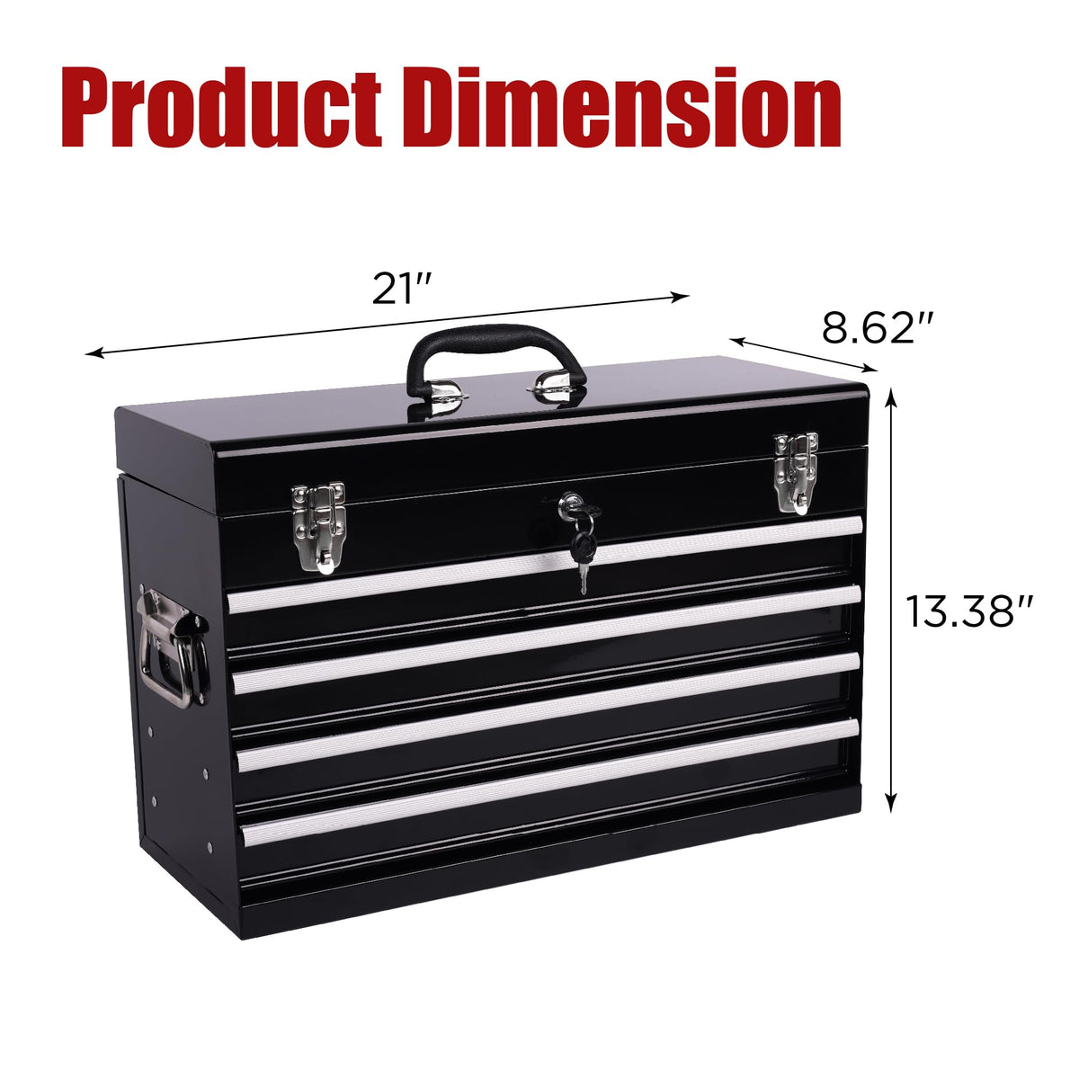 21-Inch Heavy Duty Metal Tool Box,4-Drawer Portable Steel Tool Chest with EVA Liners,Ball Bearing Slides,Lock & Lid, Powder Coated,200LBS,Garage/Workshop/Home/Auto Mechanics Stora(4, Black)