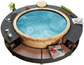 Festnight Hot Tub Surround Garden Spa Steps with Built-in Storage Area and Wood Top Black Poly Rattan Round Backless Bench Swimming Pool Surround