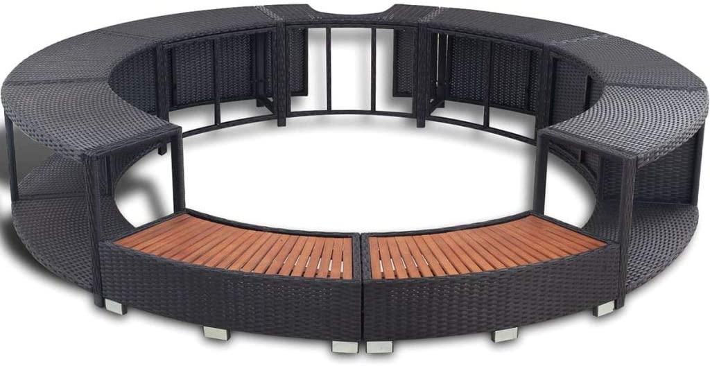 Festnight Hot Tub Surround Garden Spa Steps with Built-in Storage Area and Wood Top Black Poly Rattan Round Backless Bench Swimming Pool Surround