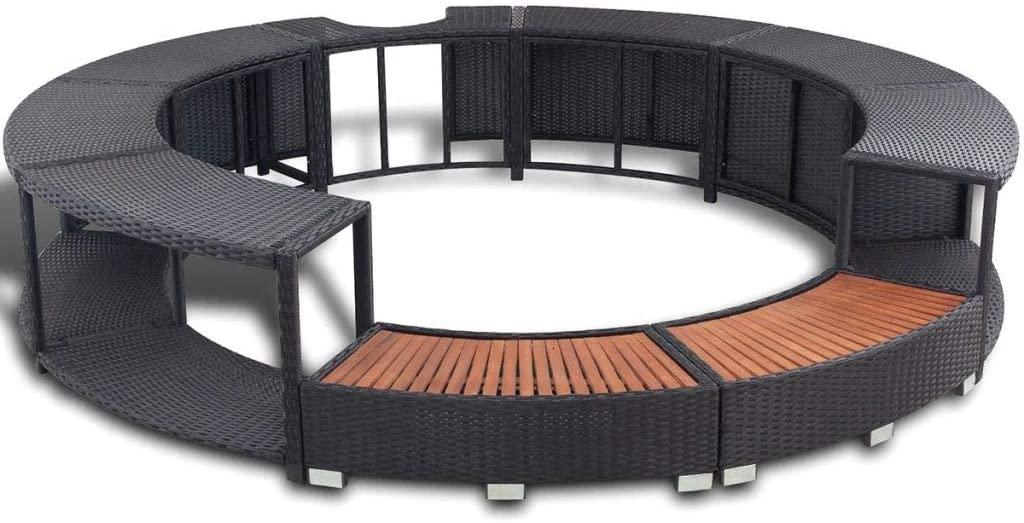 Festnight Hot Tub Surround Garden Spa Steps with Built-in Storage Area and Wood Top Black Poly Rattan Round Backless Bench Swimming Pool Surround