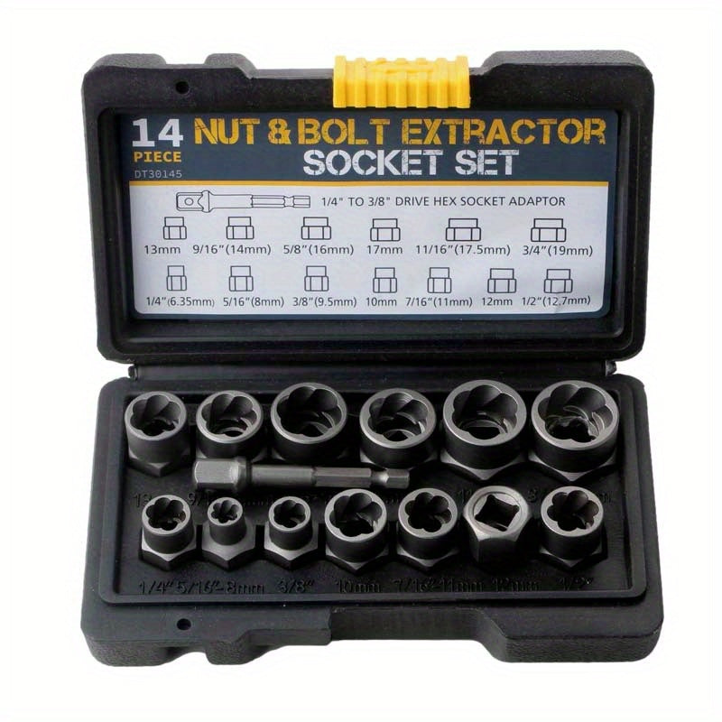 14 Pieces Impact Bolt & Nut Remover Set Pull-Out Sleeve Cr-Mo Bolt Extractor Tool Set With Solid StoraCase Damaged Incomplete Screw Nut Extractor
