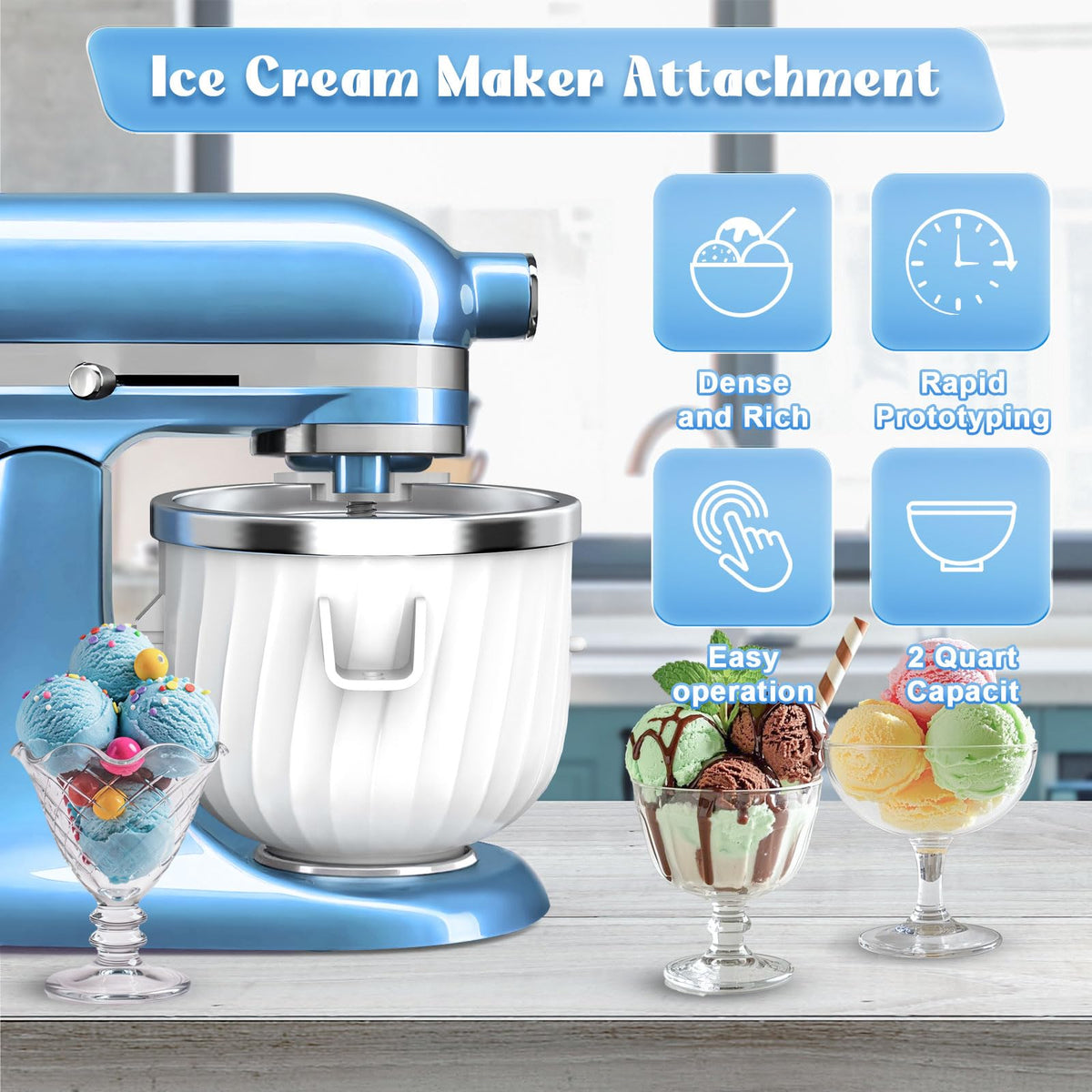 2 Quart Ice Cream Maker Attachment for  Stand Mixers – Fits 4.5QT/5QT/6QT Tilt-Head & Bowl-Lift, Homemade Gelato, Sorbet & Dairy-Ice Cream, No Rock Salt Needed