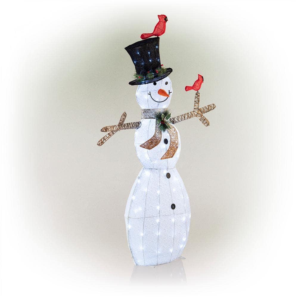 74 in. Tall Mesh Snowman Decor with Red Birds and Cool White LED Lights