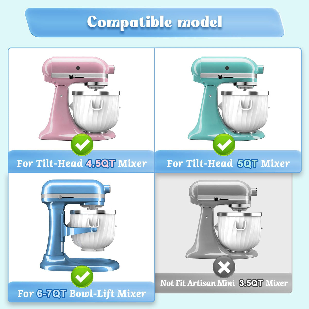2 Quart Ice Cream Maker Attachment for  Stand Mixers – Fits 4.5QT/5QT/6QT Tilt-Head & Bowl-Lift, Homemade Gelato, Sorbet & Dairy-Ice Cream, No Rock Salt Needed