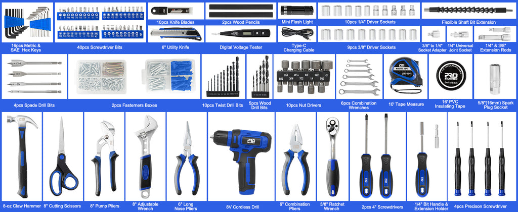 Tool Set with 8V Cordless Drill, 369-Piece Home Tool Kit with Drill Driver, Toolbox StoraCase with Drawer, General Household Tools for Home Repairs and DIY, Handyman (Blue)