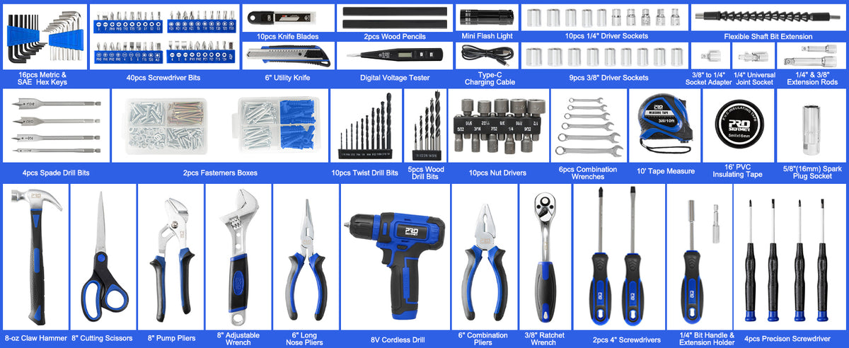 Tool Set with 8V Cordless Drill, 369-Piece Home Tool Kit with Drill Driver, Toolbox StoraCase with Drawer, General Household Tools for Home Repairs and DIY, Handyman (Blue)