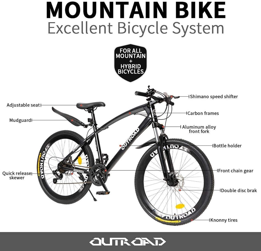 Outroad 26 Inches Mountain Bike for Men/Women, 21 Speeds Trek Bike, 26 in Wheels, Full Suspension Adult Bicycle Spring Fork Anti-Slip Bikes, Black