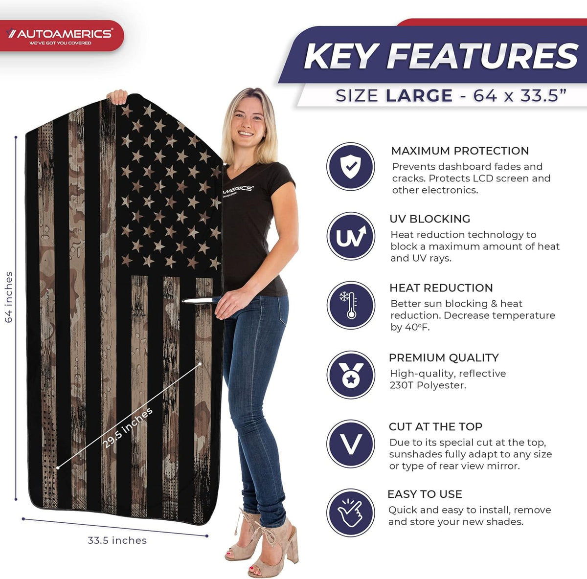 Autoamerics 1-Piece Windshield Sun Shade Brown Camo American Flag USA  - Foldable Car Front Window Sunshade for Most Sedans SUV Truck - Blocks Max UV Rays and Keeps Your Vehicle Cool - Large